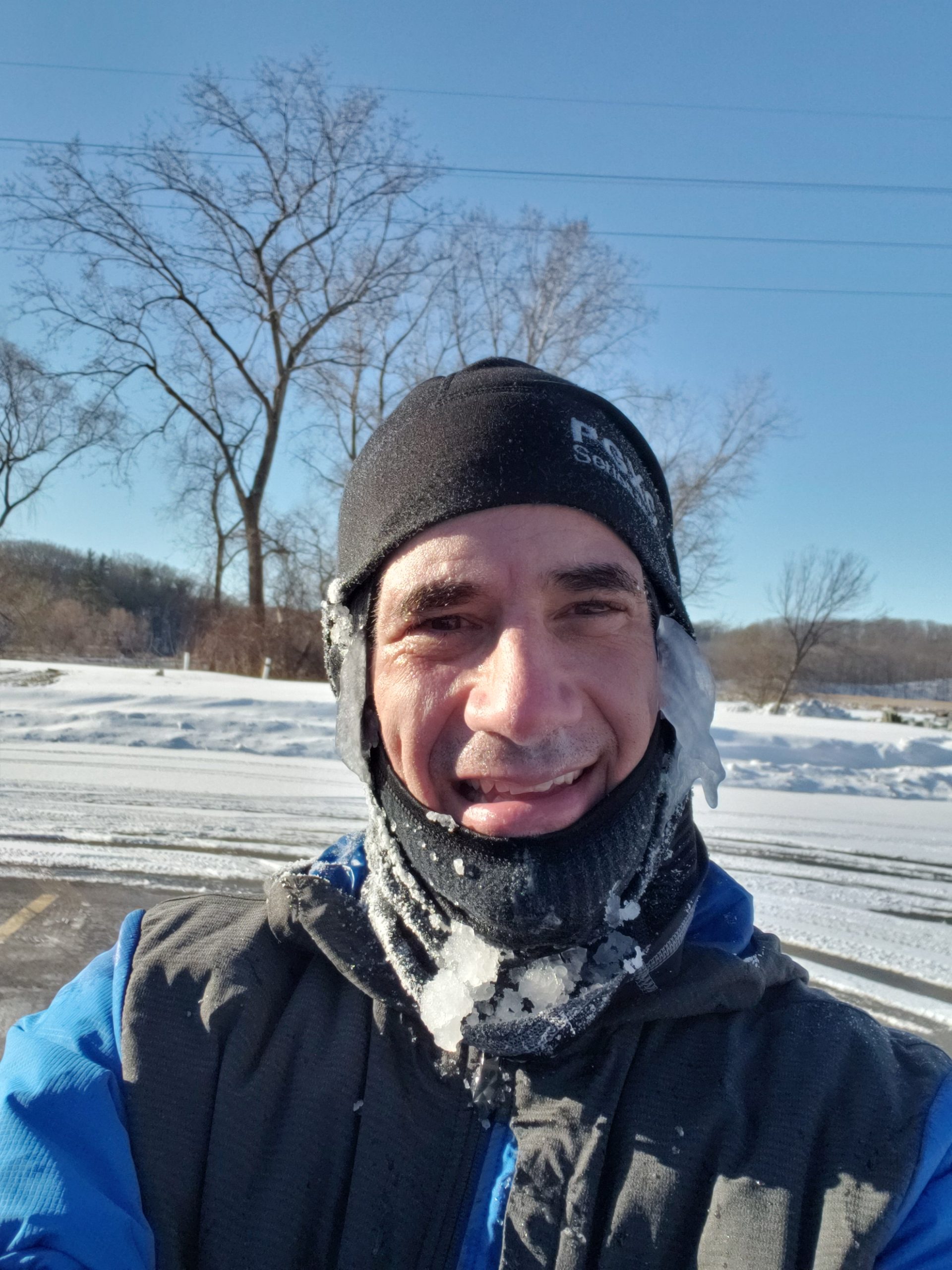 ColdGear Infrared Balaclava gray hood 3° temps Irondequoit Bay run February 15, 2020